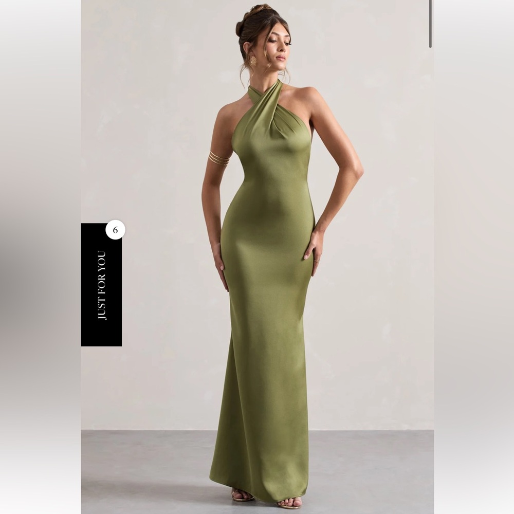 NWT Club L London Unbeatable Olive Satin Crossover Haltar-Neck Maxi Dress Size 6